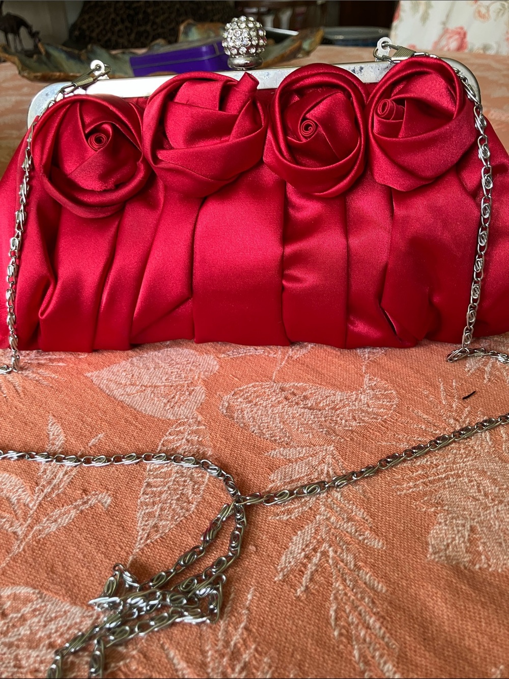 Red Satin Rose Clutch Handbag